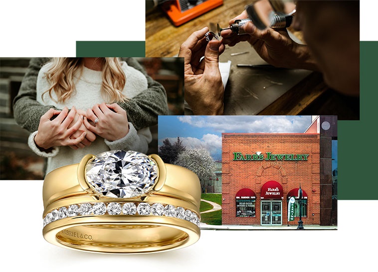 grouping of jewelry images and exterior of store